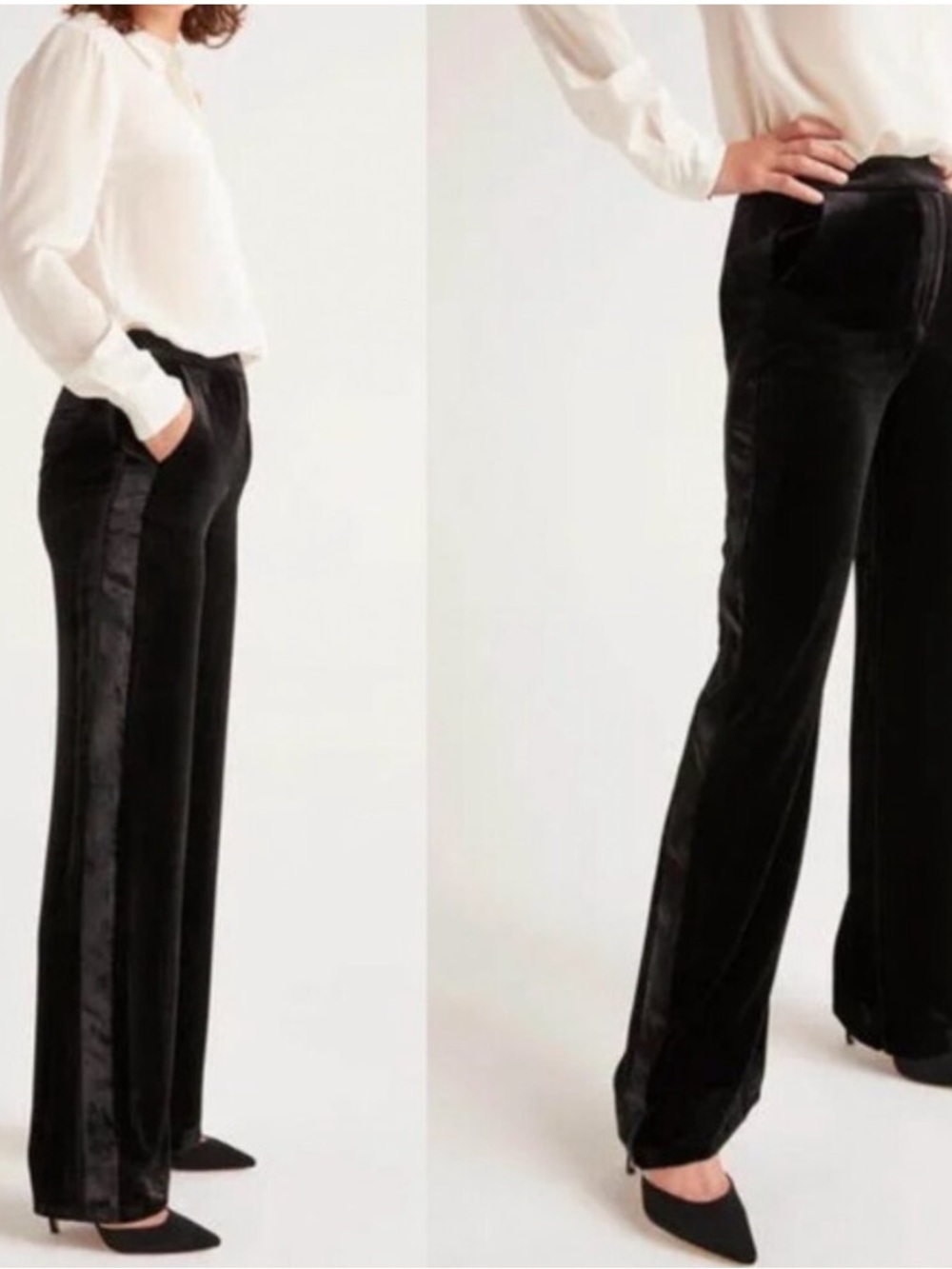 Boden Black Velvet Wide-Leg Pants with Satin Side Stripe